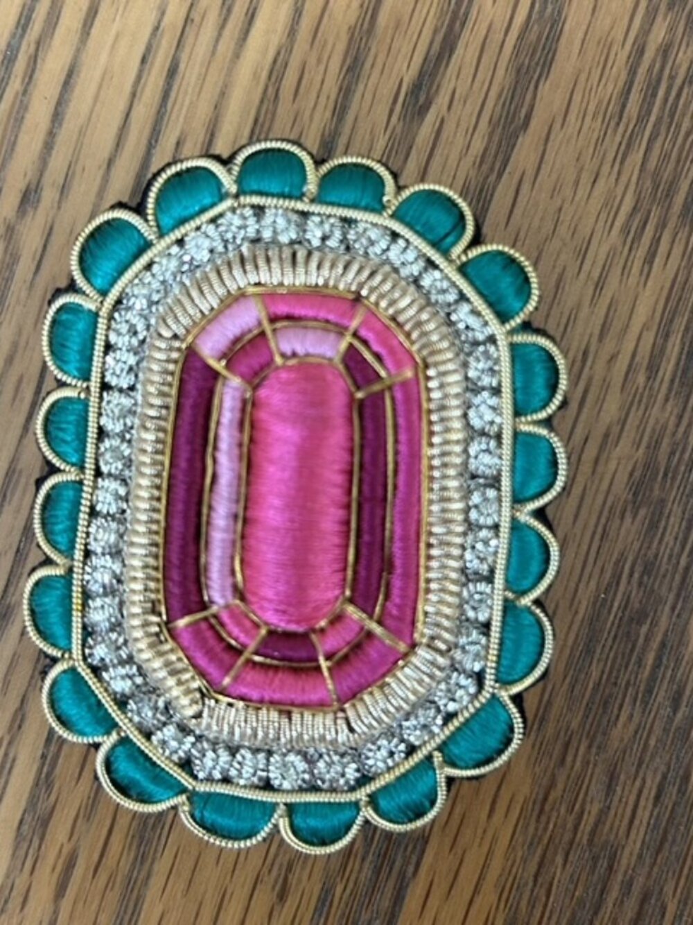 Celeste Mogador Ruby Brooch Rhinestones Embroidered Pin French Designer Jewelry